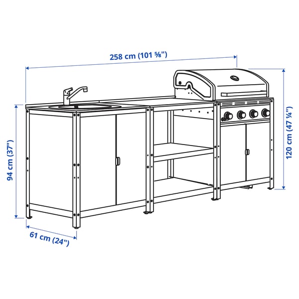 GRILLSKÄR Cuisine extérieure, acier inoxydable, 244x61 cm