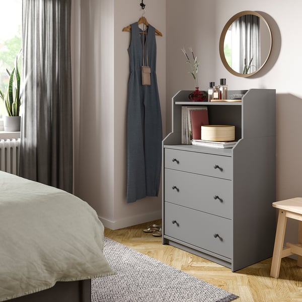 HAUGA Commode 3 tiroirs avec tablette, gris, 70x46x116 cm