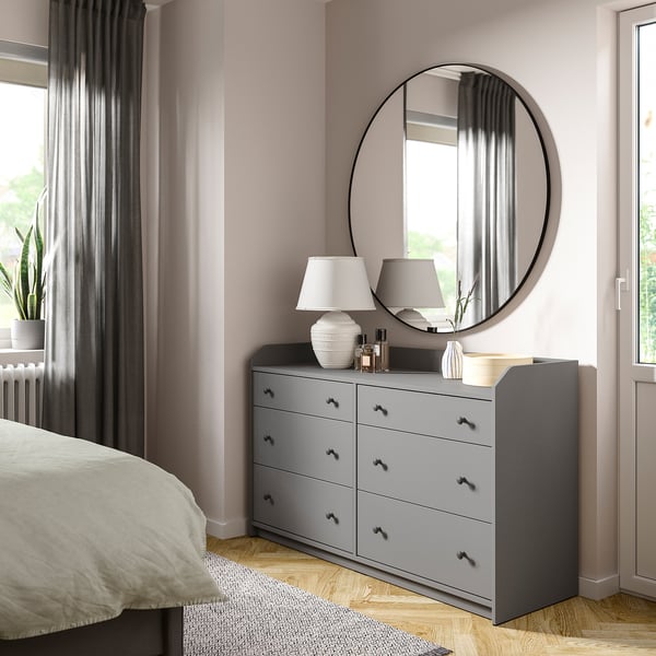 HAUGA Commode 6 tiroirs, gris, 138x46x84 cm