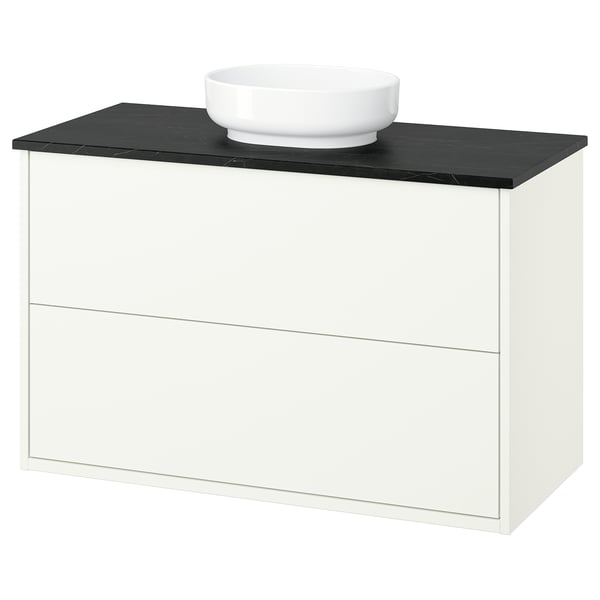 HAVBÄCK / VINDELÄLVEN Meuble lavabo avec tiroirs/vasque, blanc/noir marbré, 102x49x77 cm