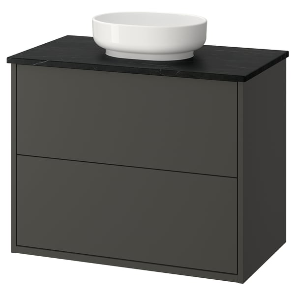 HAVBÄCK / VINDELÄLVEN Meuble lavabo avec tiroirs/vasque, gris foncé/noir marbré, 82x49x77 cm