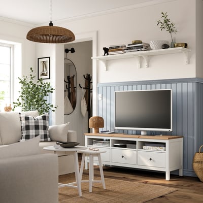 HEMNES Banc TV, teinté blanc/brun clair, 148x47x57 cm