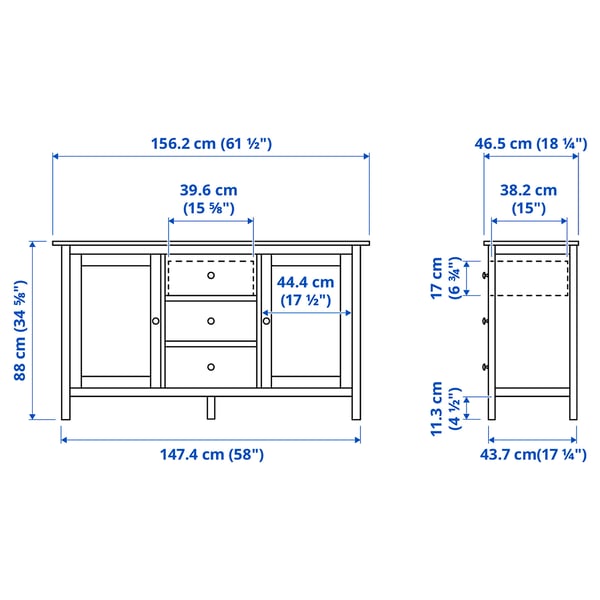 HEMNES Buffet, teinté blanc/brun clair, 157x88 cm