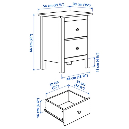 HEMNES Commode 2 tiroirs, teinté blanc, 54x66 cm