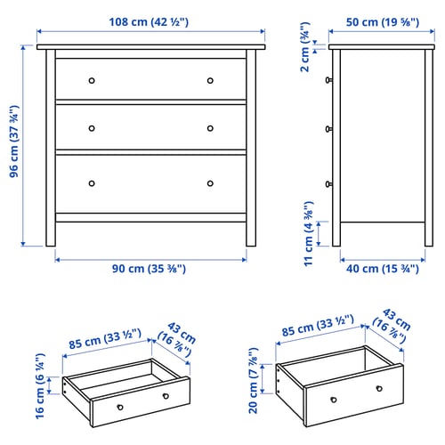 HEMNES Commode 3 tiroirs, gris vert/teinté brun clair, 108x96 cm