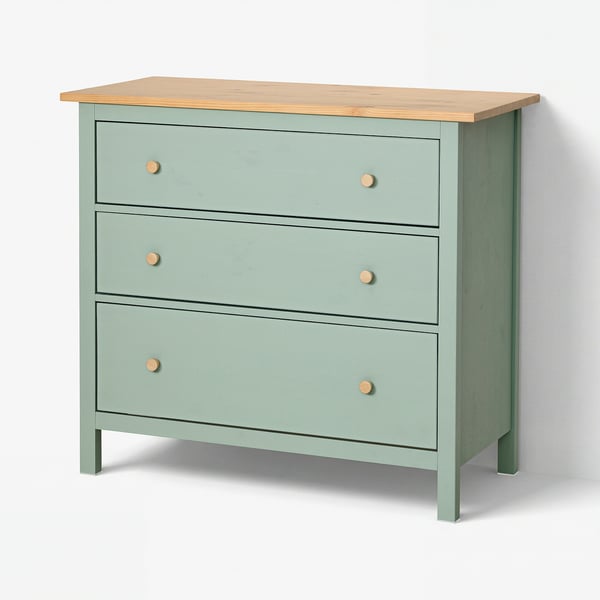 HEMNES Commode 3 tiroirs, gris vert/teinté brun clair, 108x96 cm