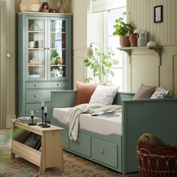 HEMNES Lit banquette 2p (struct + matelas), gris vert/Ågotnes ferme, 80x200 cm