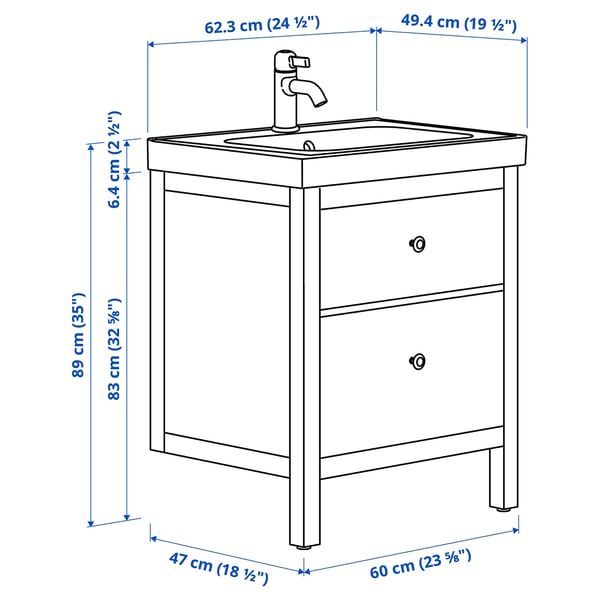 HEMNES / ORRSJÖN Meuble lavabo avec tiroirs/vasque, blanc, 62x49x89 cm