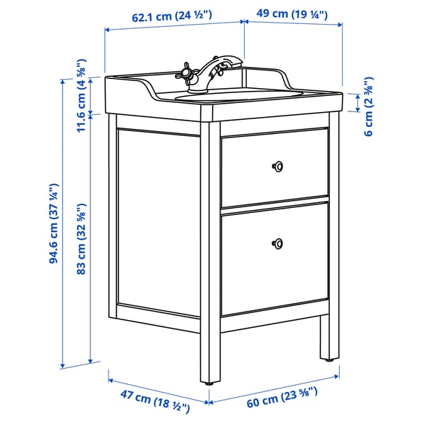 HEMNES / RUTSJÖN Meuble avec tiroirs/vasque/mitigeur, blanc, 62x49x95 cm