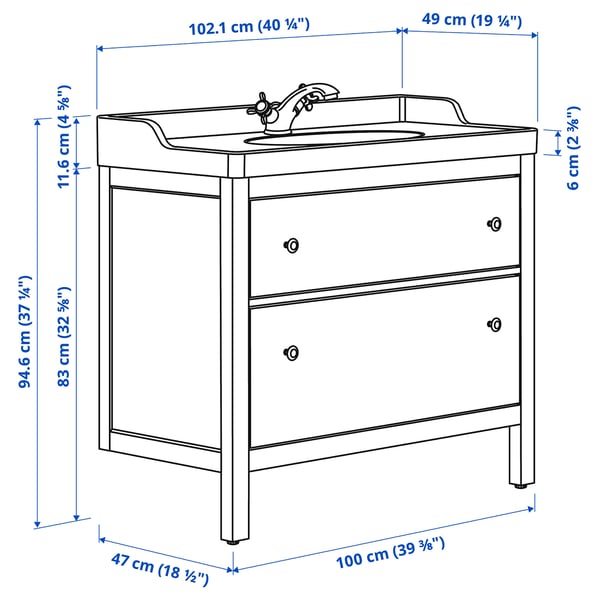 HEMNES / RUTSJÖN Meuble avec tiroirs/vasque/mitigeur, blanc, 102x49x95 cm