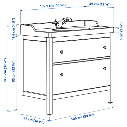 HEMNES / RUTSJÖN Meuble avec tiroirs/vasque/mitigeur, blanc, 102x49x95 cm
