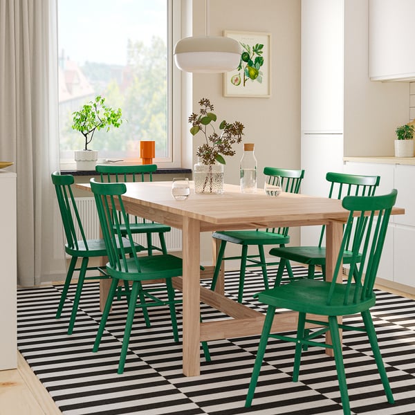 KARSKÄR / HÖGVED Table et 6 chaises, hévéa/vert, 160/220x90 cm