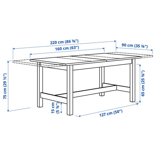 KARSKÄR Table extensible, hévéa, 160/220x90 cm