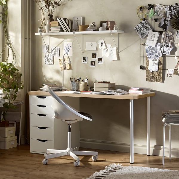 LAGKAPTEN / ALEX Bureau, effet chêne blanchi/blanc, 140x60 cm