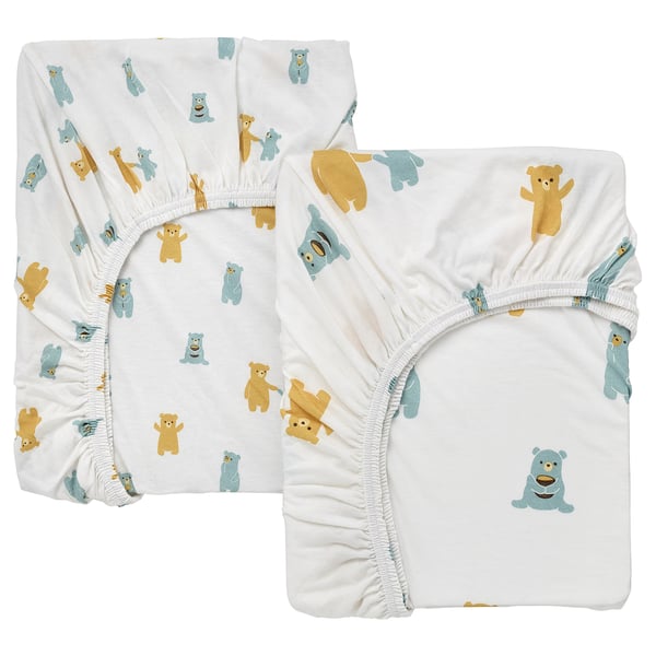 LEN Drap housse pour lit bébé, blanc motif ours, 70x140 cm