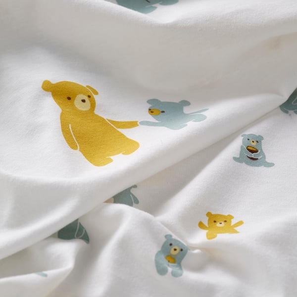 LEN Drap housse pour lit bébé, blanc motif ours, 70x140 cm