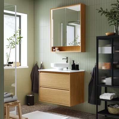 LERSJÖN Lavabo intégré avec siphon, blanc, 38x14 cm