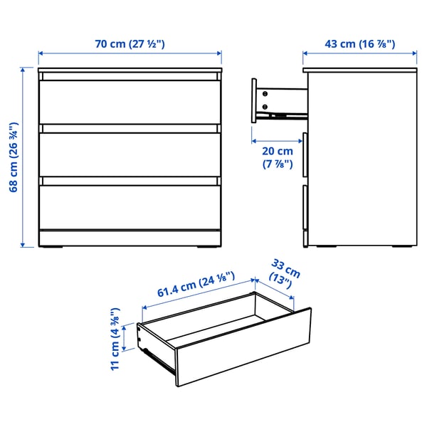 LILLBERGET Commode 3 tiroirs, blanc, 70x43x68 cm