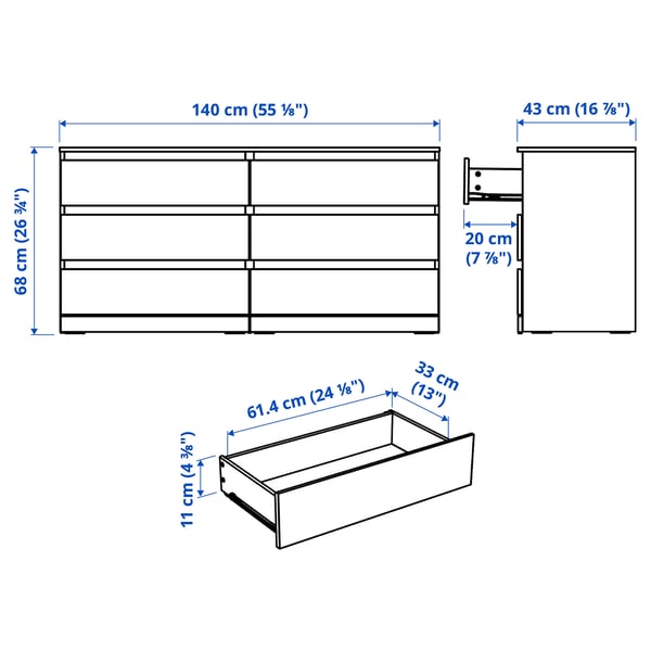 LILLBERGET Commode 6 tiroirs, blanc, 140x43x68 cm