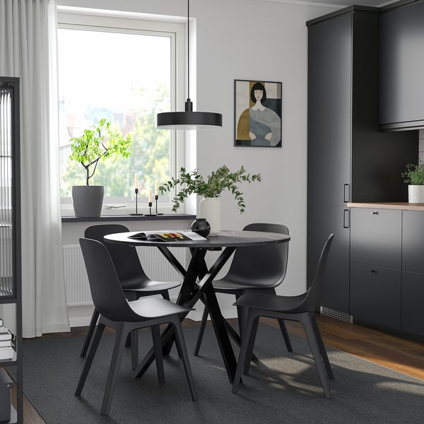 MARIEDAMM / ODGER Table et 4 chaises, noir marbré/anthracite, 105 cm