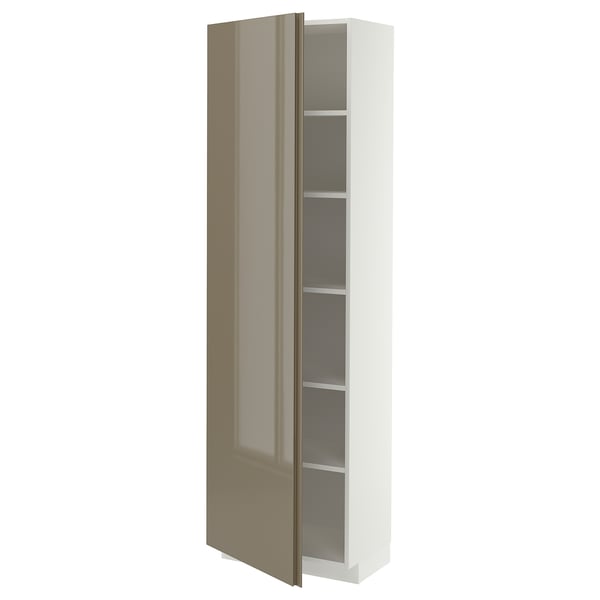 METOD Armoire avec tablettes, blanc/VOXTORP gris-brun foncé brillant vertical, 60x37x200 cm