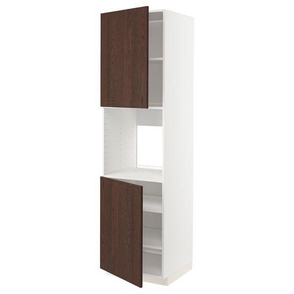 METOD Armoire four + 2 portes/tablette, blanc/Sinarp brun, 60x60x220 cm