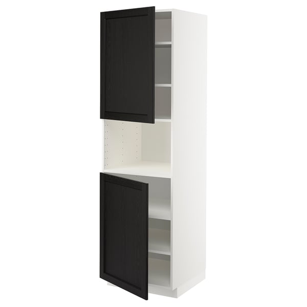 METOD Armoire micro-ondes+2ptes/tablette, blanc/Lerhyttan teinté noir, 60x60x200 cm