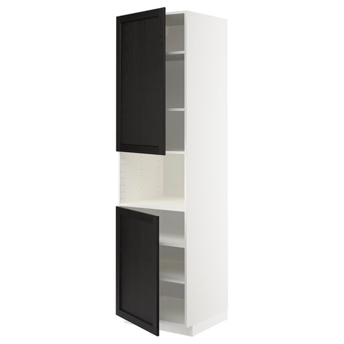 METOD Armoire micro-ondes+2ptes/tablette, blanc/Lerhyttan teinté noir, 60x60x220 cm