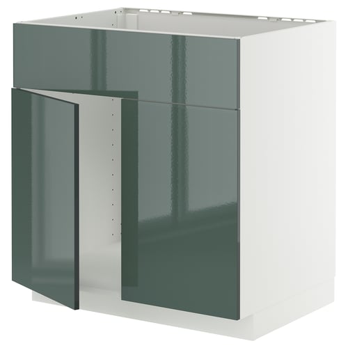 METOD Élément bas évier 2portes/face, blanc/Kallarp gris-vert foncé brillant, 80x60 cm