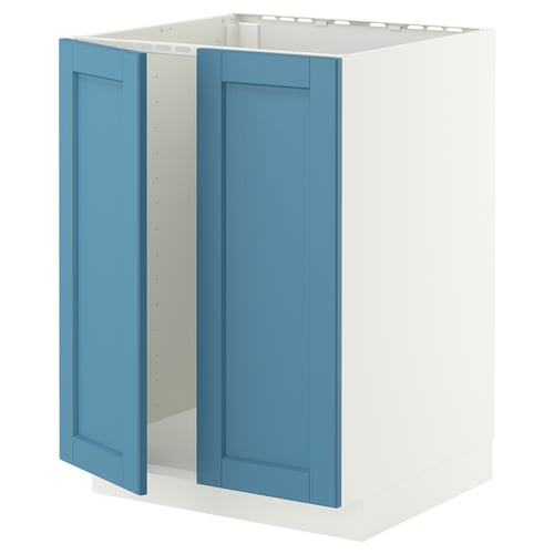 METOD Élément évier 2 portes, blanc/Lerhyttan bleu, 60x60 cm