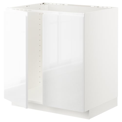 METOD Élément évier 2 portes, blanc/Voxtorp brillant/blanc, 80x60 cm