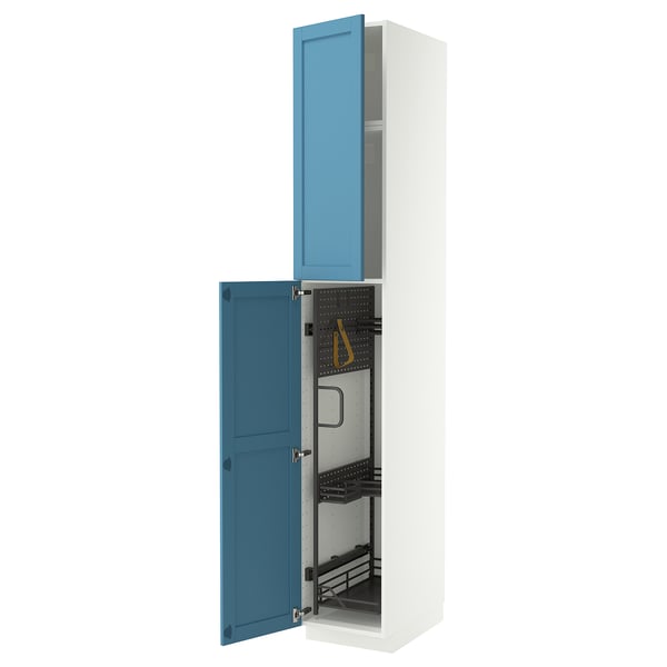 METOD Élément haut + rangements prod entr, blanc/Lerhyttan bleu, 40x60x240 cm