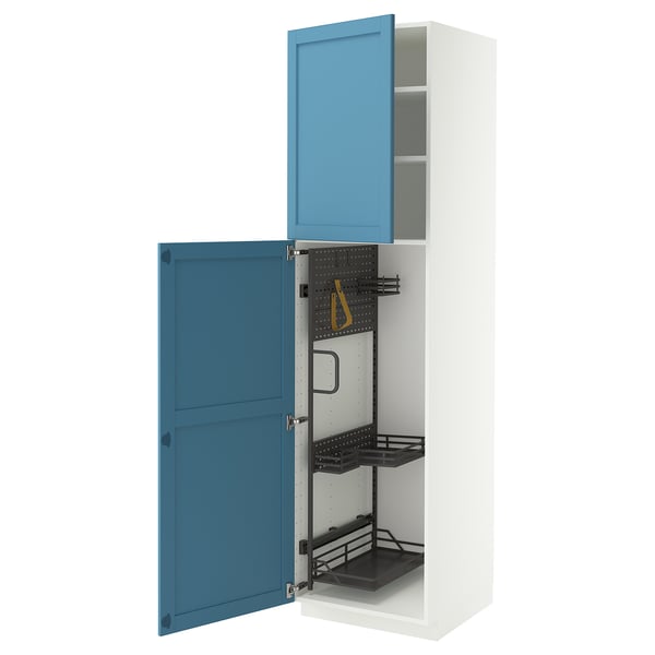 METOD Élément haut + rangements prod entr, blanc/Lerhyttan bleu, 60x60x220 cm