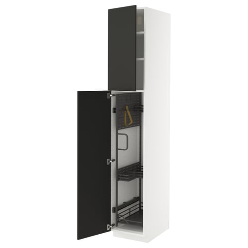 METOD Élément haut + rangements prod entr, blanc/Nickebo anthracite mat, 40x60x220 cm