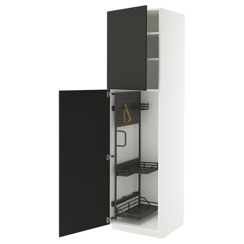 METOD Élément haut + rangements prod entr, blanc/Nickebo anthracite mat, 60x60x220 cm