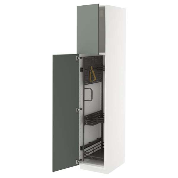 METOD Élément haut + rangements prod entr, blanc/Nickebo gris mat-vert, 40x60x200 cm