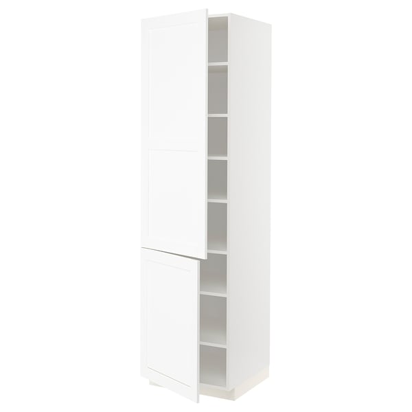 METOD Élément haut tablettes/2portes, blanc Enköping/blanc effet bois, 60x60x220 cm