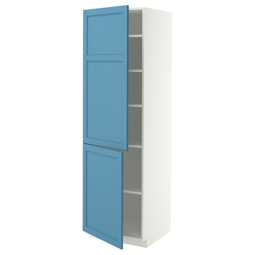 METOD Élément haut tablettes/2portes, blanc/Lerhyttan bleu, 60x60x200 cm