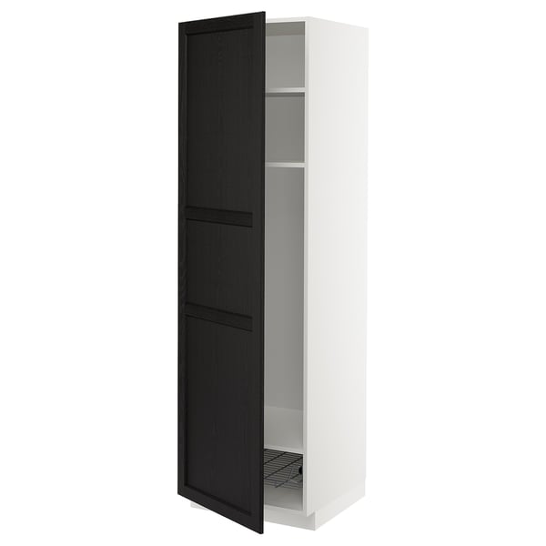 METOD Élément haut + tablettes/corbeille, blanc/Lerhyttan teinté noir, 60x60x200 cm