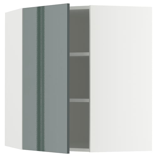 METOD Élément mural angle + tablettes, blanc/Kallarp gris-vert foncé brillant, 68x80 cm