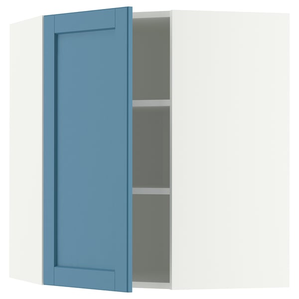 METOD Élément mural angle + tablettes, blanc/Lerhyttan bleu, 68x80 cm