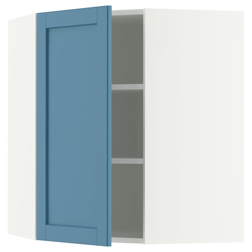 METOD Élément mural angle + tablettes, blanc/Lerhyttan bleu, 68x80 cm