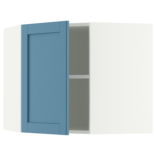 METOD Élément mural angle + tablettes, blanc/Lerhyttan bleu, 68x60 cm