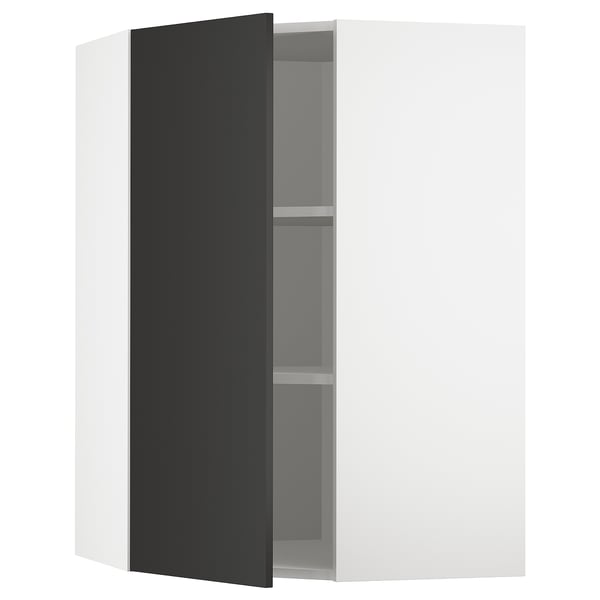 METOD Élément mural angle + tablettes, blanc/Nickebo anthracite mat, 68x100 cm