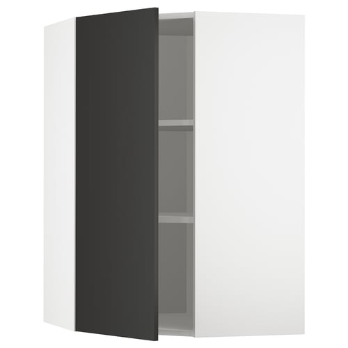 METOD Élément mural angle + tablettes, blanc/Nickebo anthracite mat, 68x100 cm