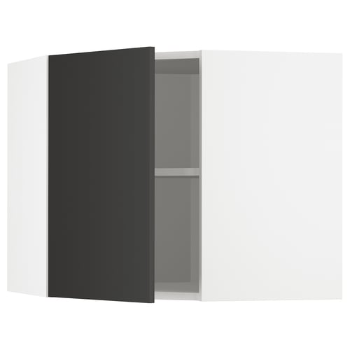 METOD Élément mural angle + tablettes, blanc/Nickebo anthracite mat, 68x60 cm