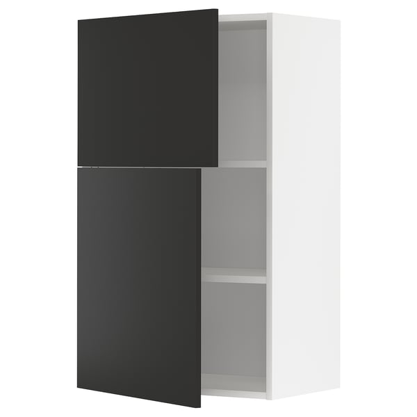 METOD Élément mural tablettes/2portes, blanc/Nickebo anthracite mat, 60x100 cm