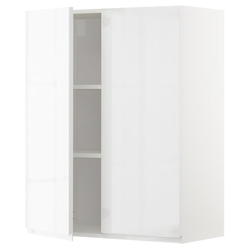 METOD Élément mural tablettes/2portes, blanc/Voxtorp brillant/blanc, 80x100 cm