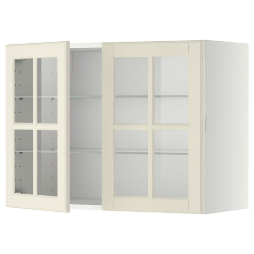 METOD Élément mural+tablettes/2ptes vitr, blanc/Bodbyn blanc cassé, 80x60 cm