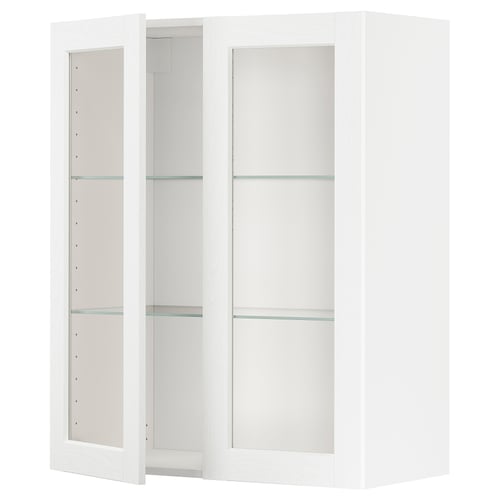 METOD Élément mural+tablettes/2ptes vitr, blanc Enköping/blanc effet bois, 80x100 cm